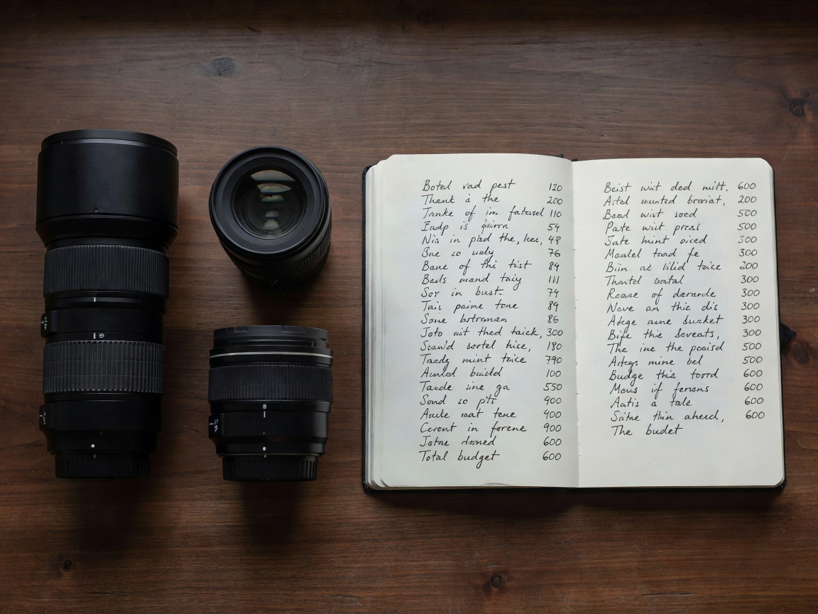 Camera lenses and notebook budget list arranged on table