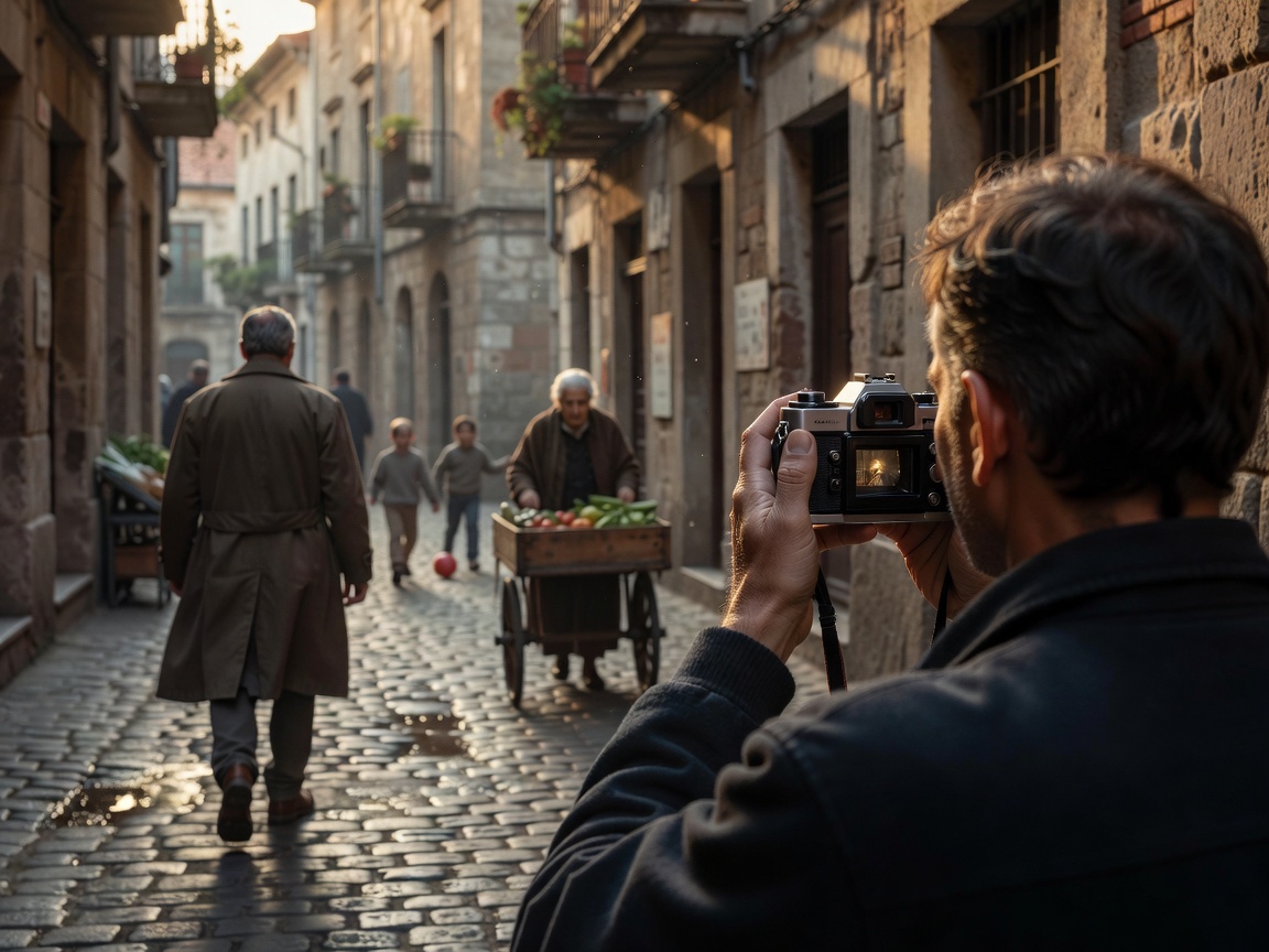 Person framing a street scene through camera viewfinder with layered subjects