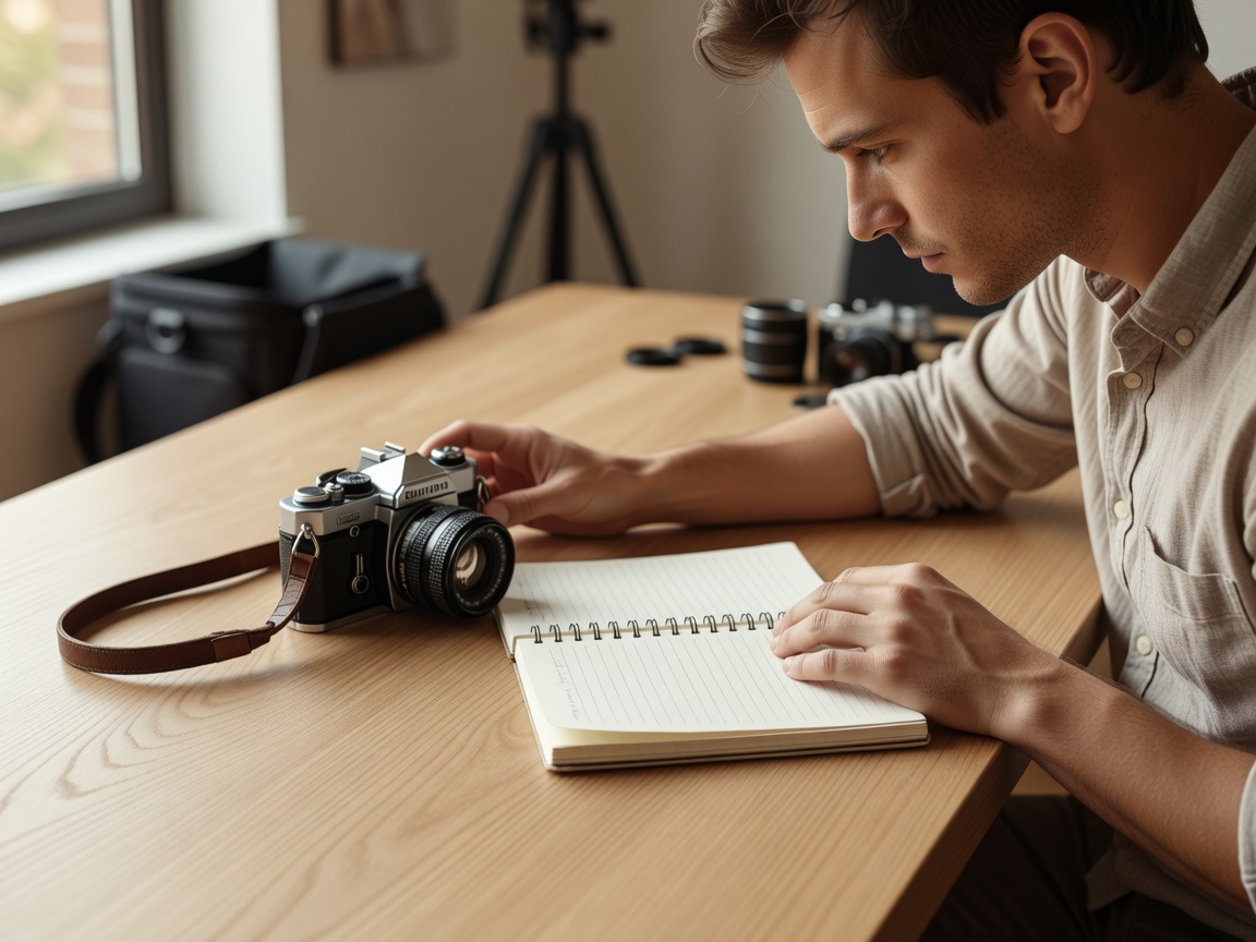 Photographer arranging camera and notebook on a light wooden desk